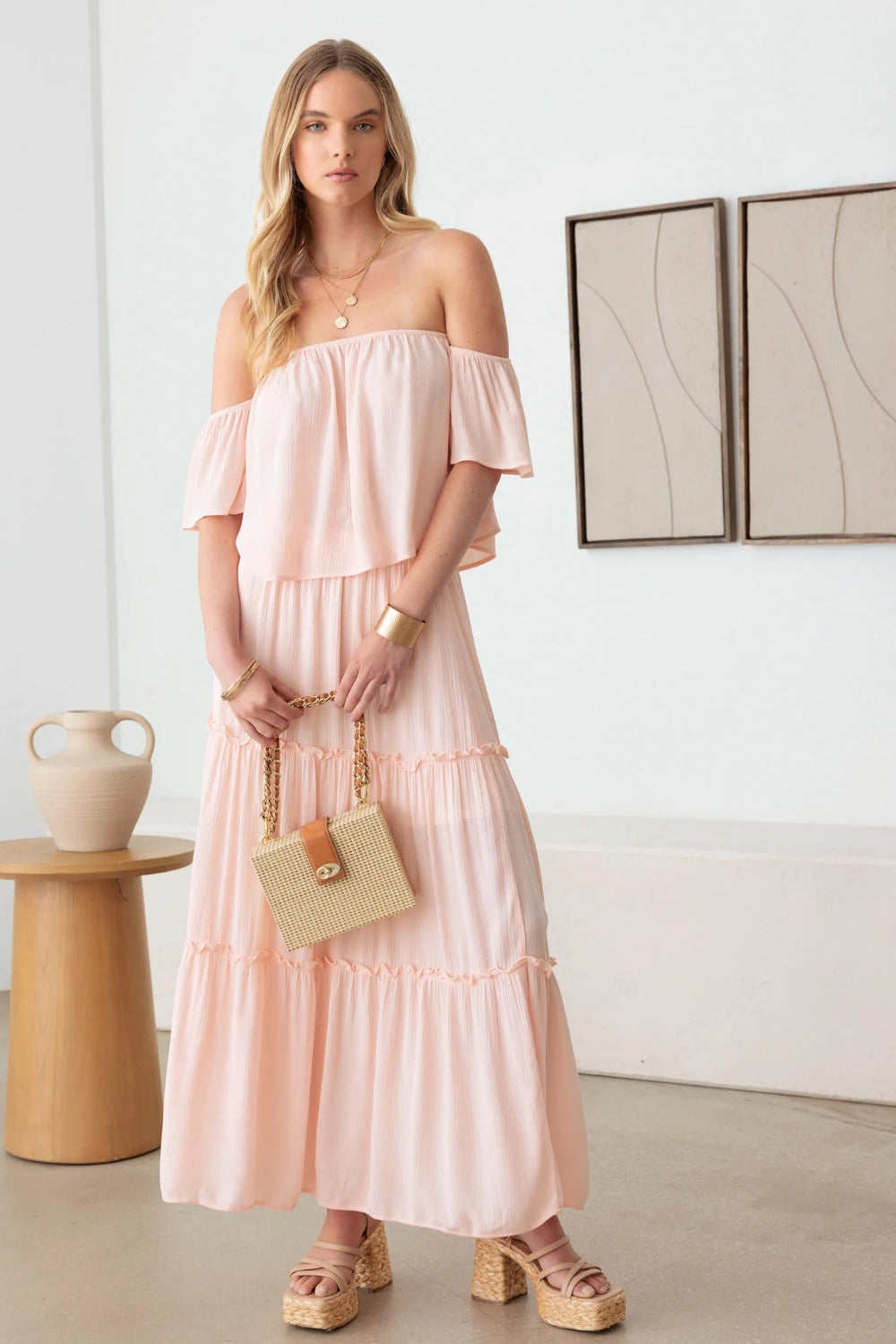 Gilli frill off-shoulder tiered dress - blush / s