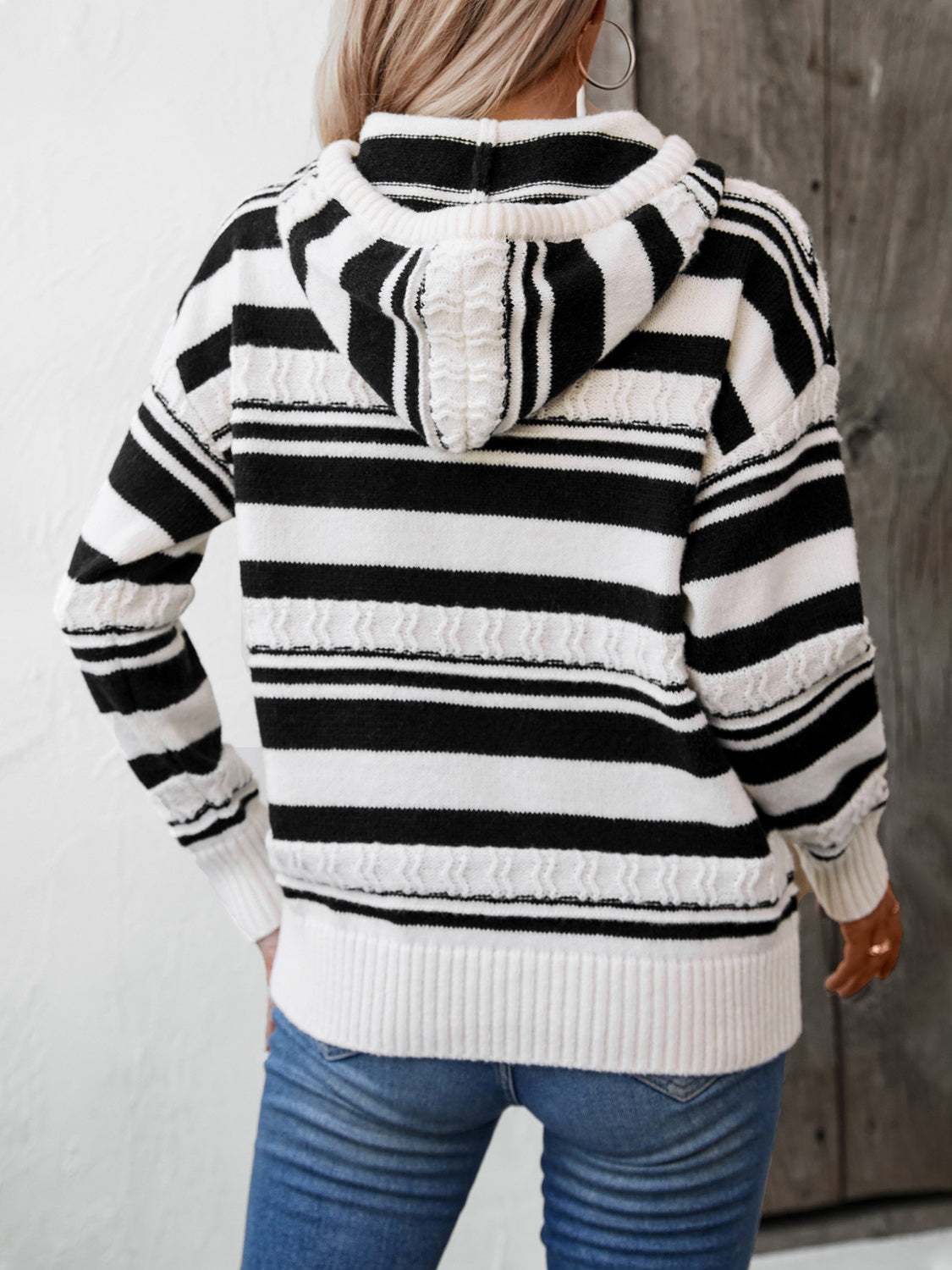 Drawstring striped long sleeve hooded sweater