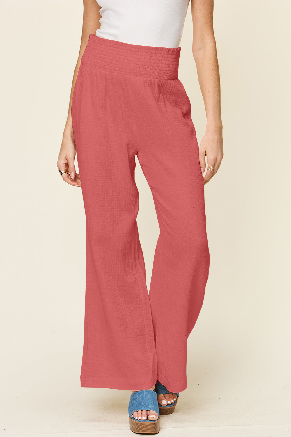 Double take full size texture smocked waist wide leg pants