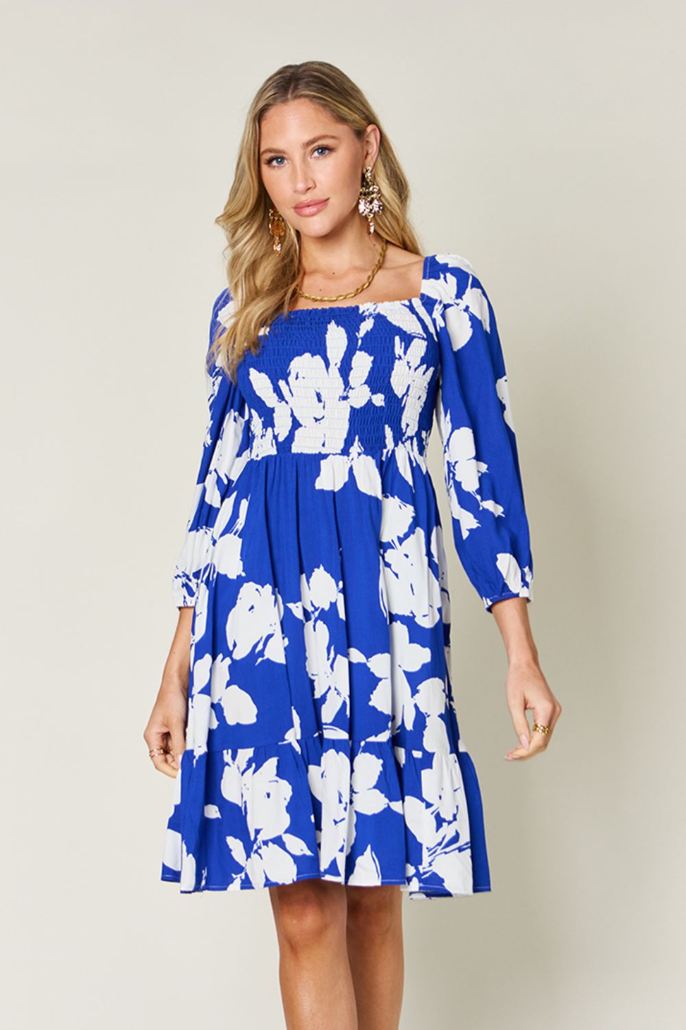 Double take full size floral ruffle hem smocked dress with pockets - royal blue / s