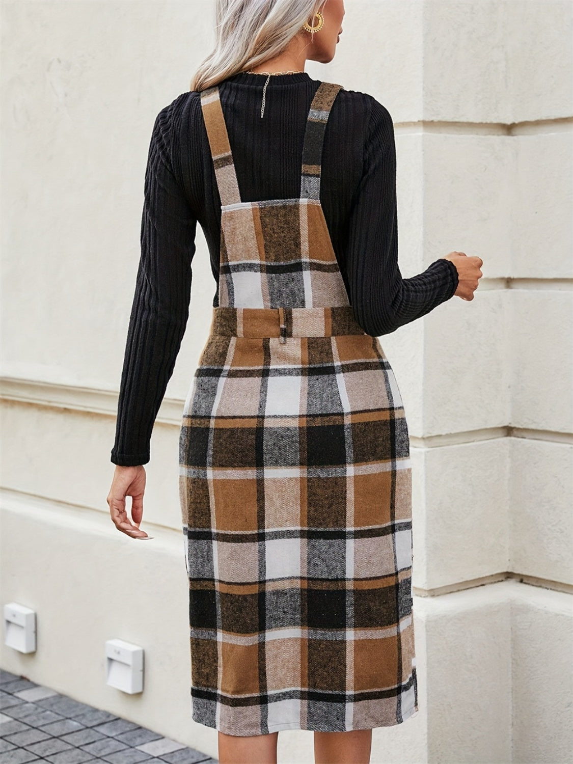 Slit plaid wide strap overall dress