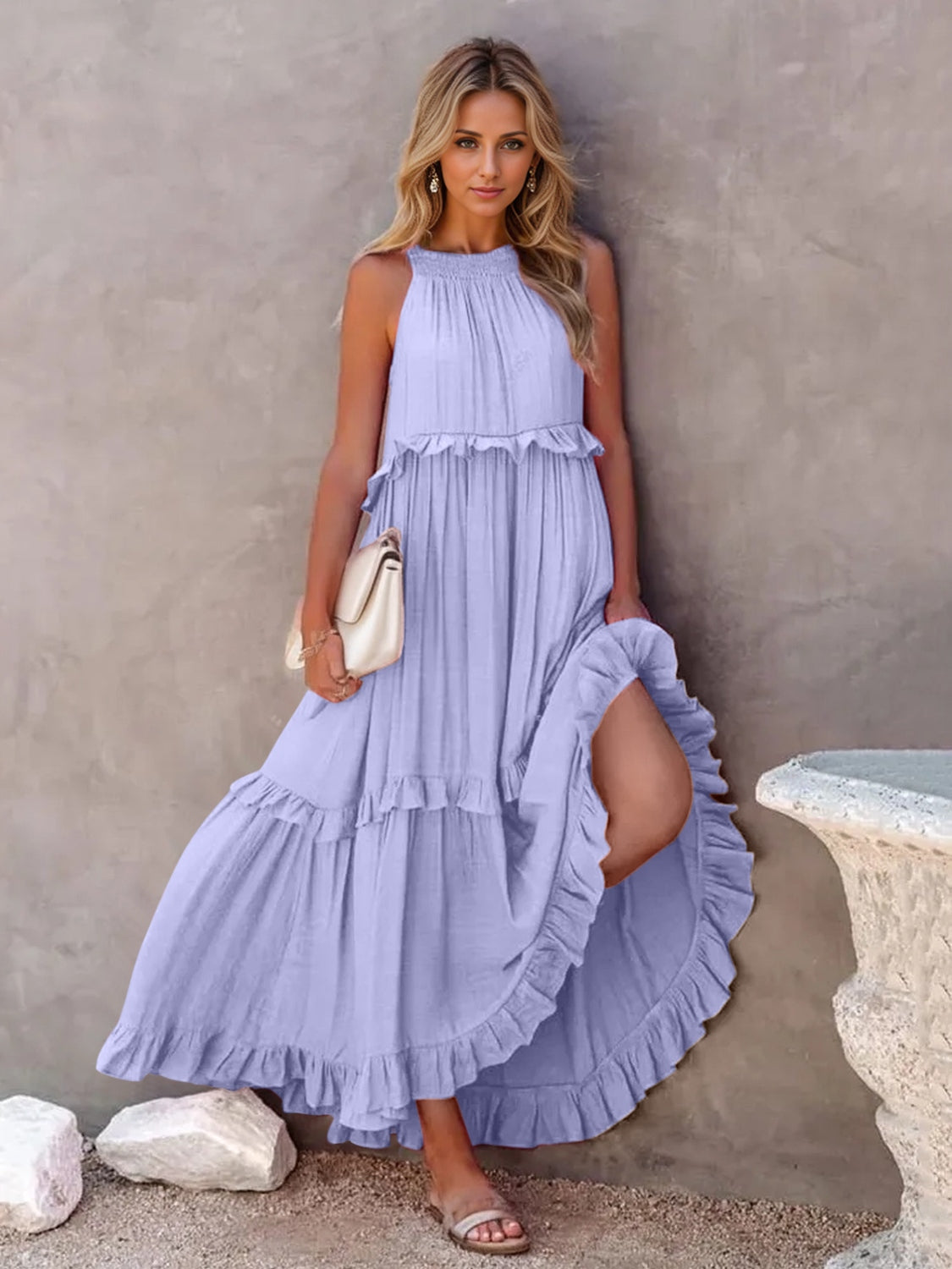 Ruffled sleeveless tiered maxi dress with pockets