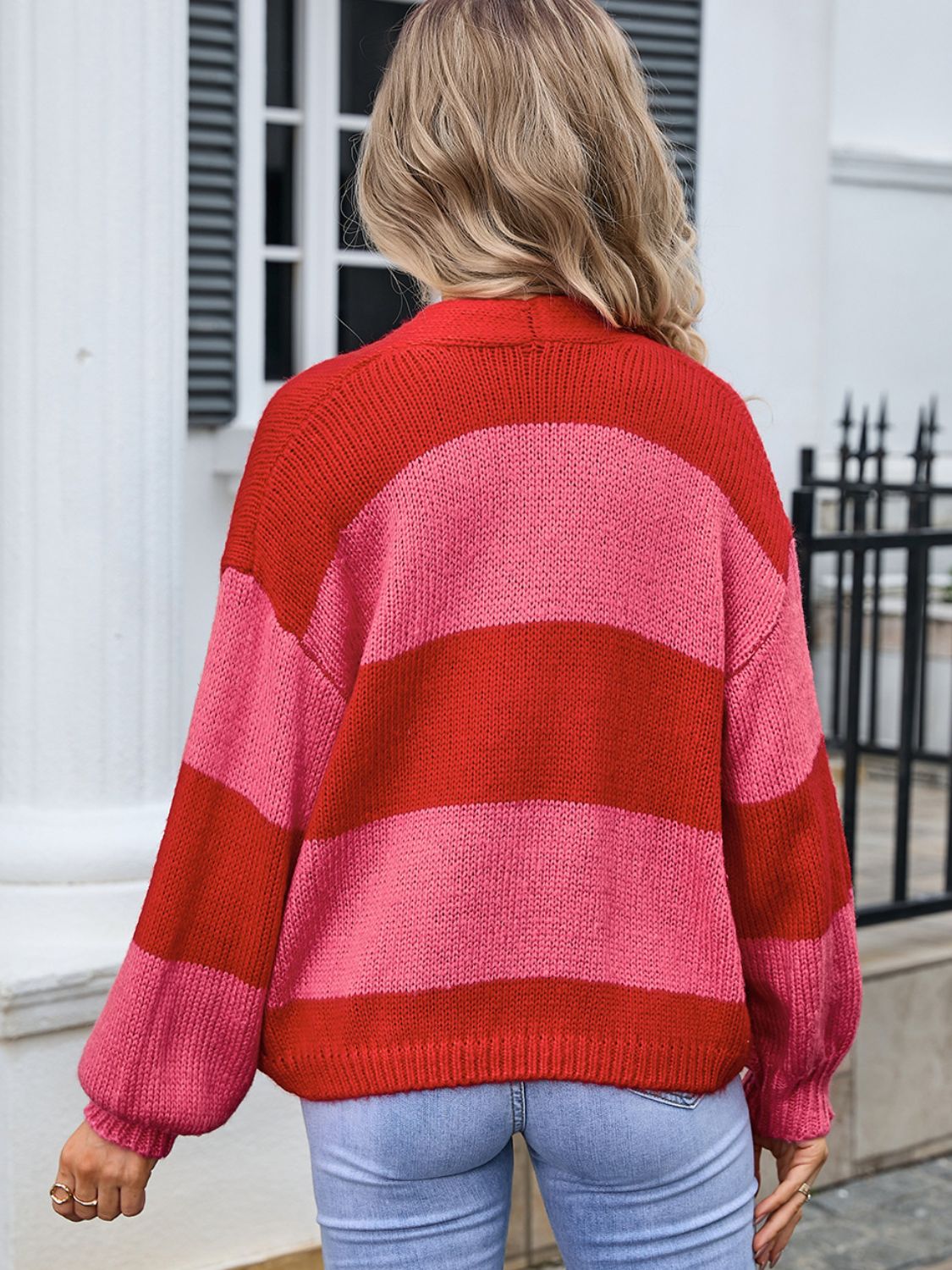 Striped open front dropped shoulder cardigan