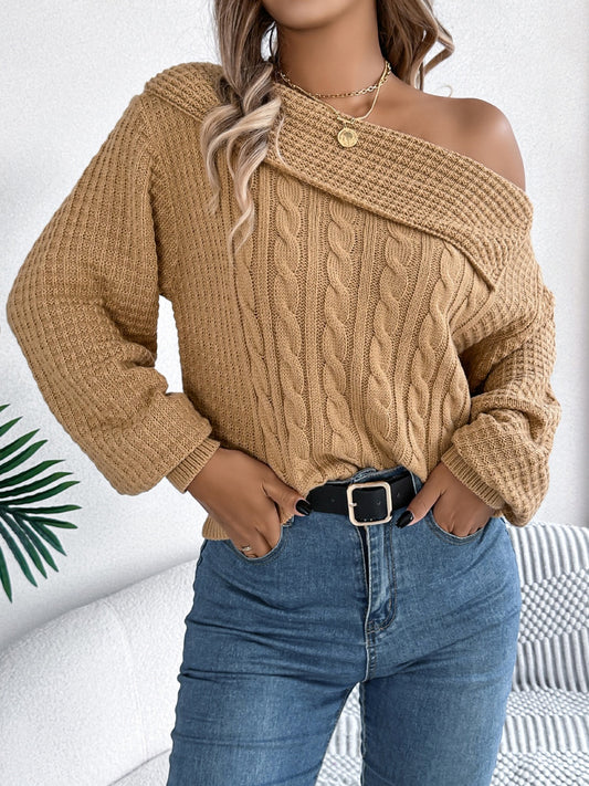 Cable-knit one shoulder long sleeve sweater - camel / s