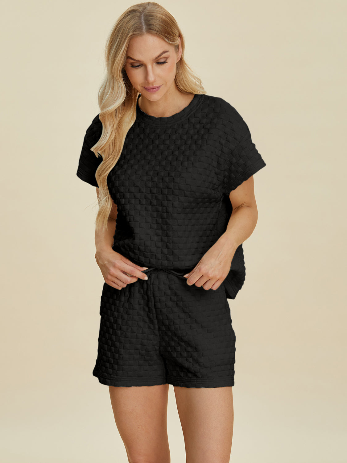 Double take full size texture t-shirt and shorts set