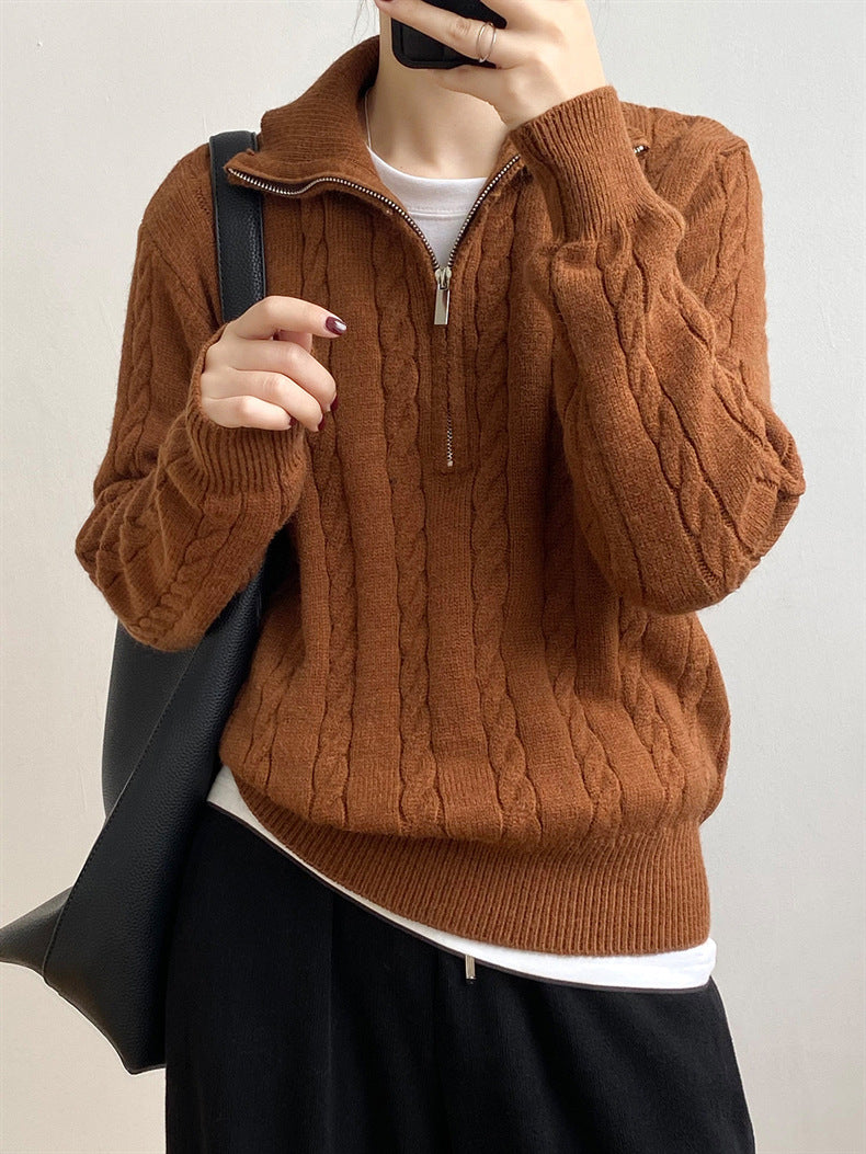 Cable-knit half zip long sleeve sweater