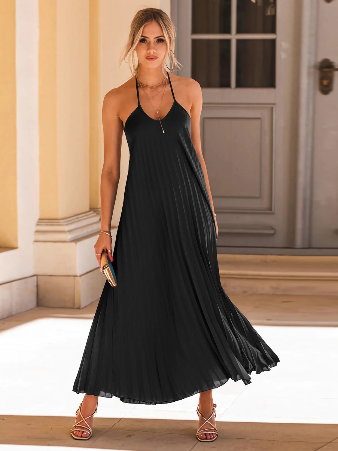 Backless pleated halter neck dress