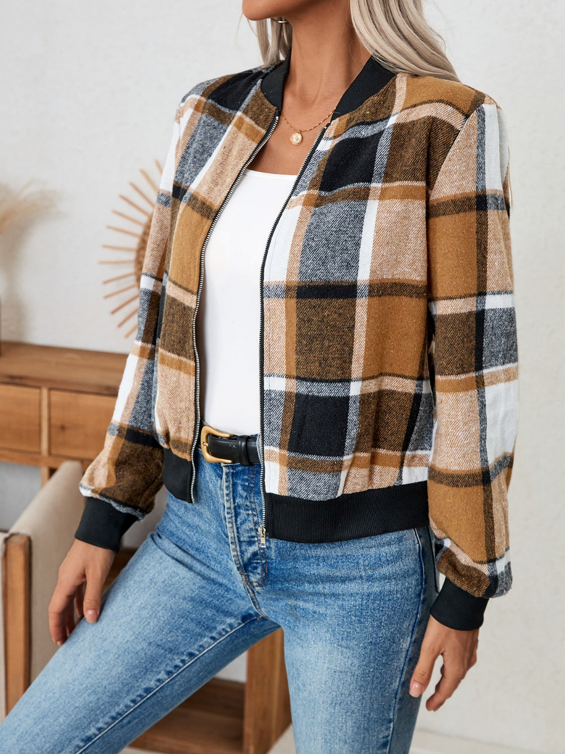 Plaid zip up long sleeve jacket