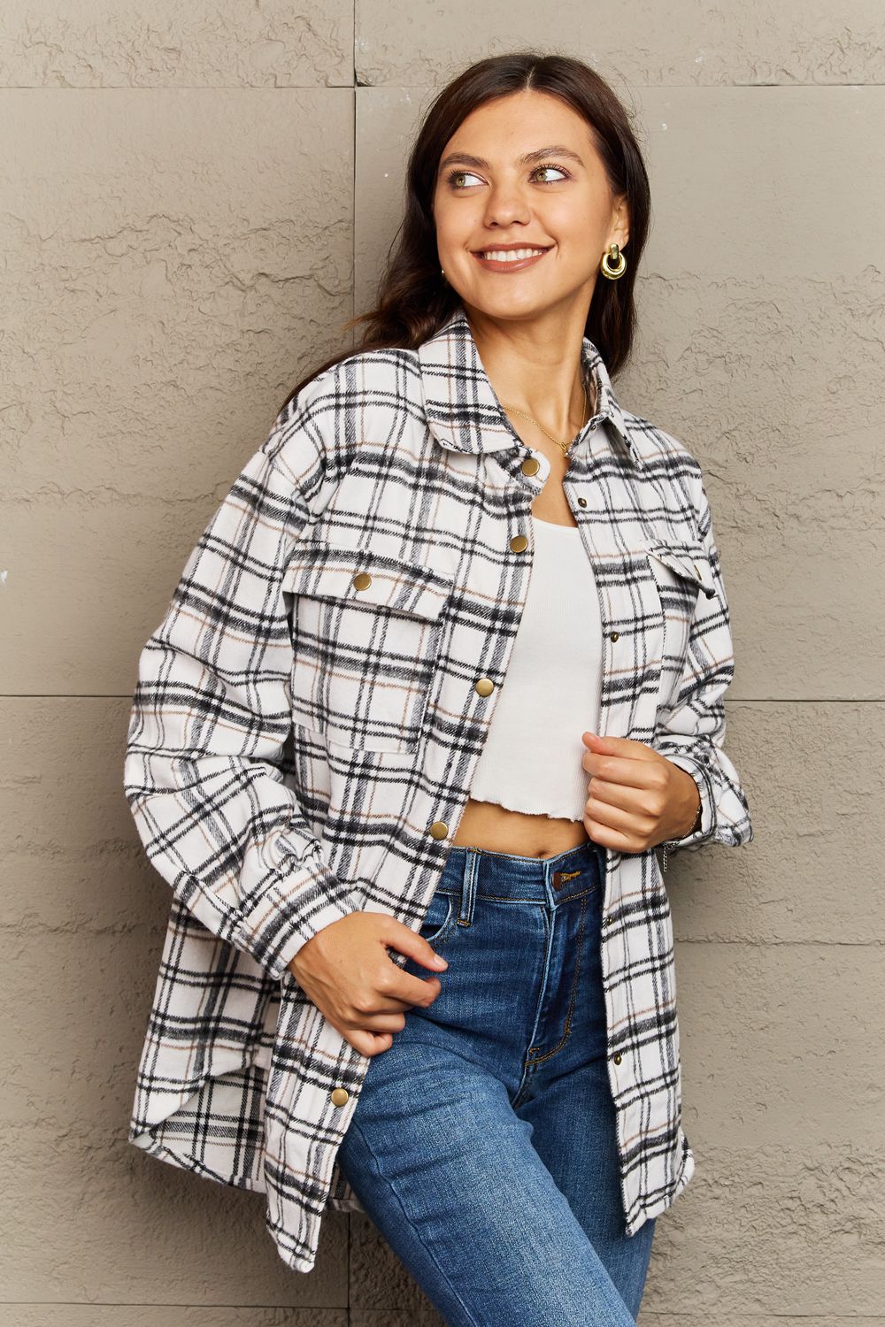 Ninexis full size plaid collared neck button-down long sleeve jacket