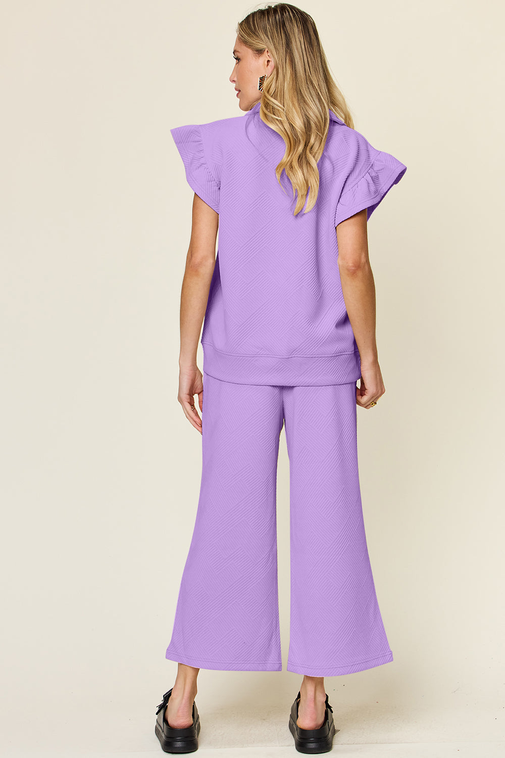 Double take texture ruffle short sleeve top and drawstring wide leg pants set