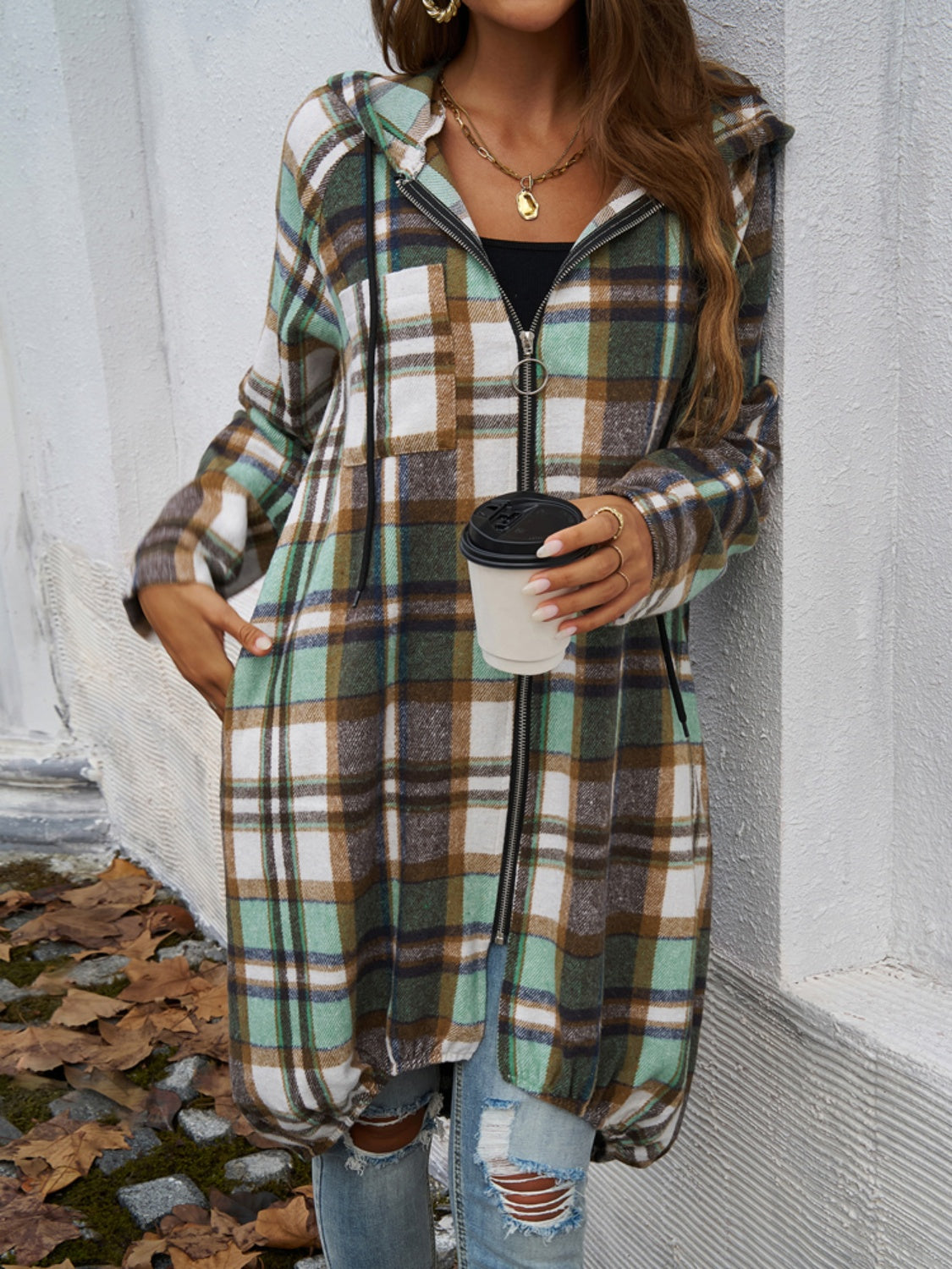 Devine plaid zip up hooded coat