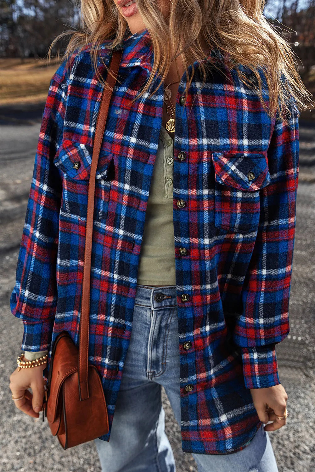 Pocketed plaid collared neck long sleeve shacket - s