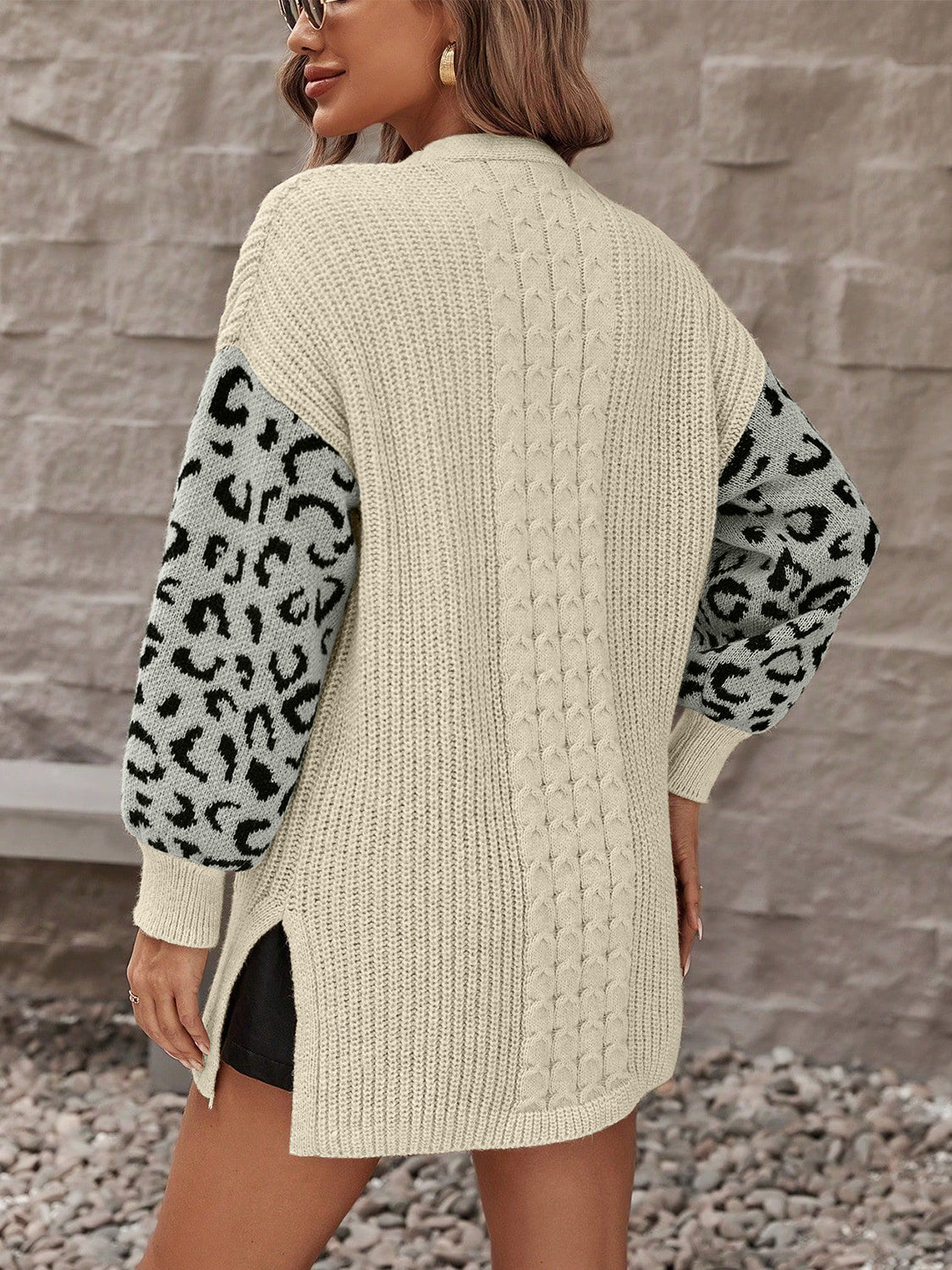 Pocketed leopard open front cardigan