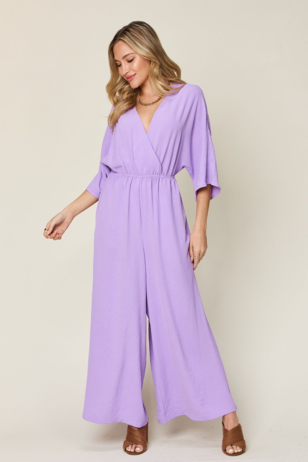 Double take full size surplice wide leg jumpsuit with pockets - lavender / s