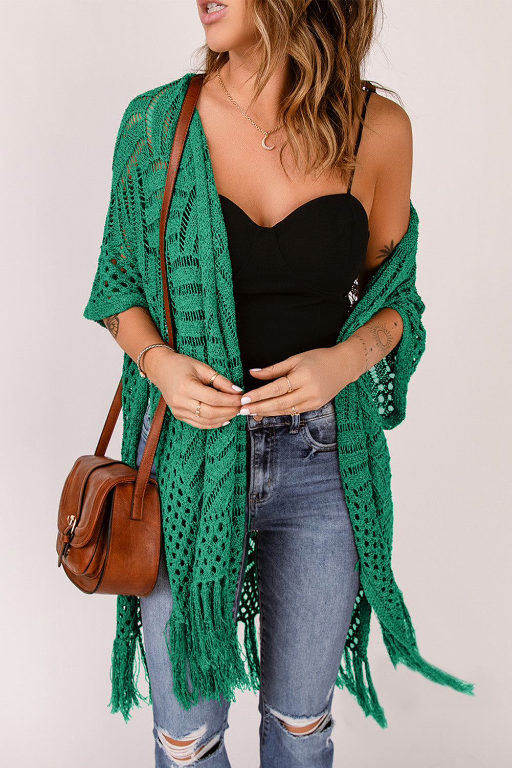 Openwork open front cardigan with fringes - dark green / one size