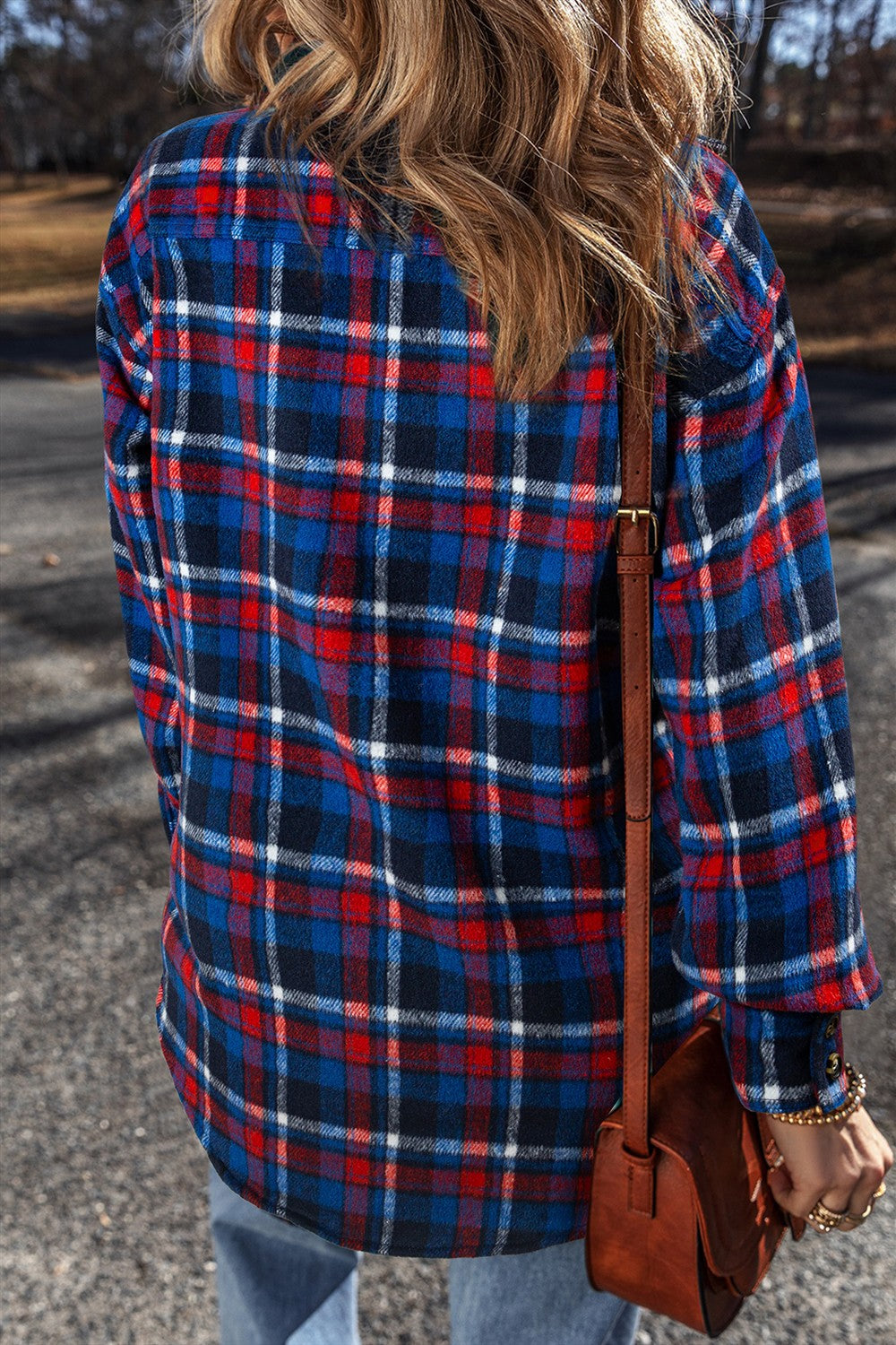 Pocketed plaid collared neck long sleeve shacket