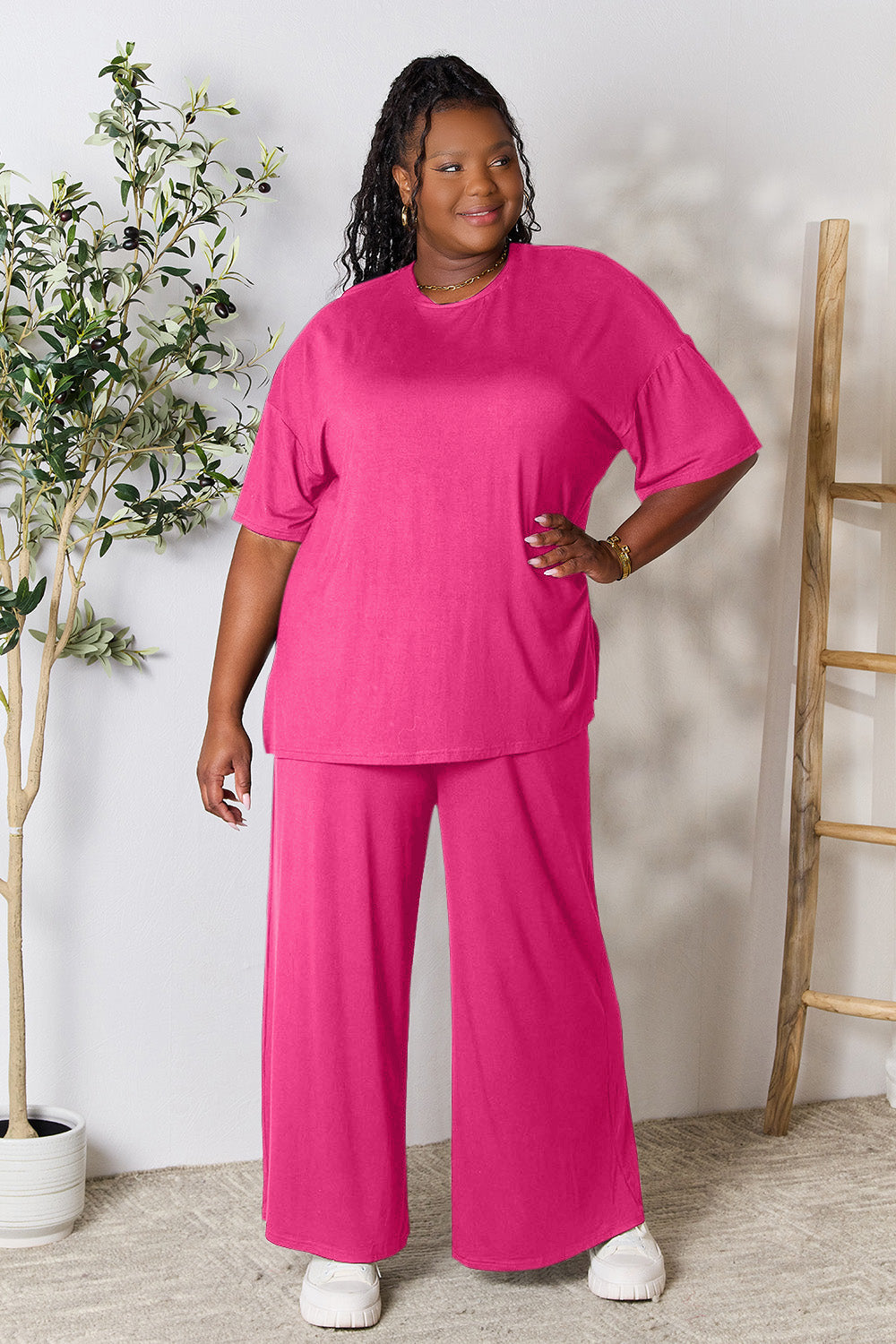 Double take full size round neck slit top and pants set - hot pink / s