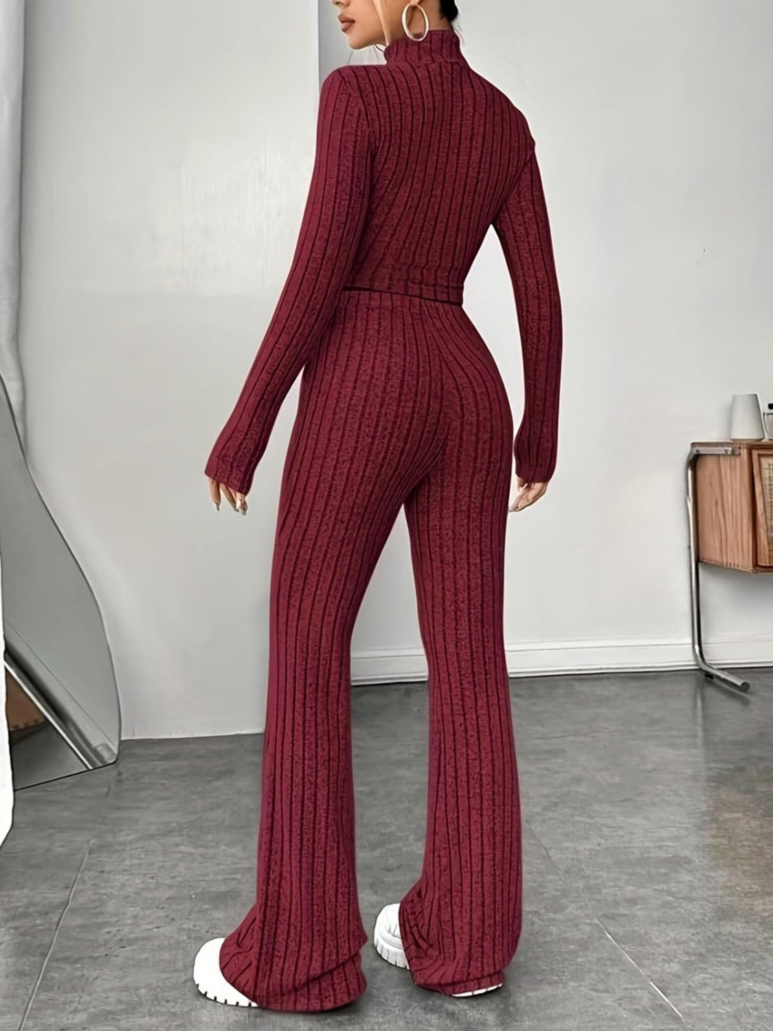 Ribbed mock neck long sleeve top and pants set