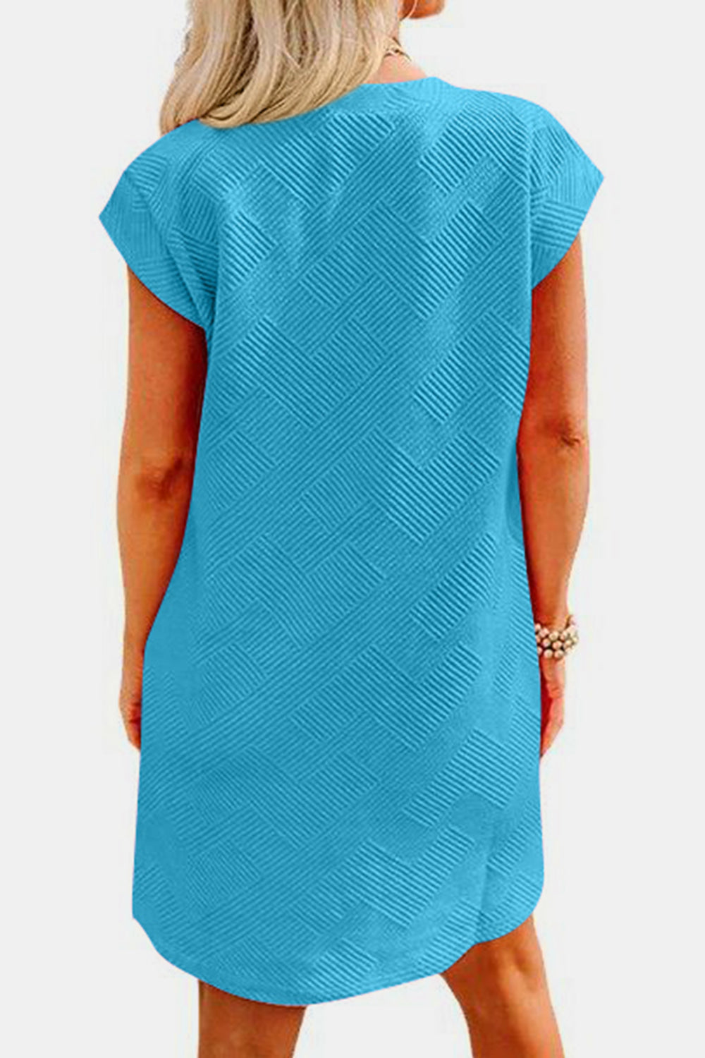 Textured round neck cap sleeve dress - sky blue / s