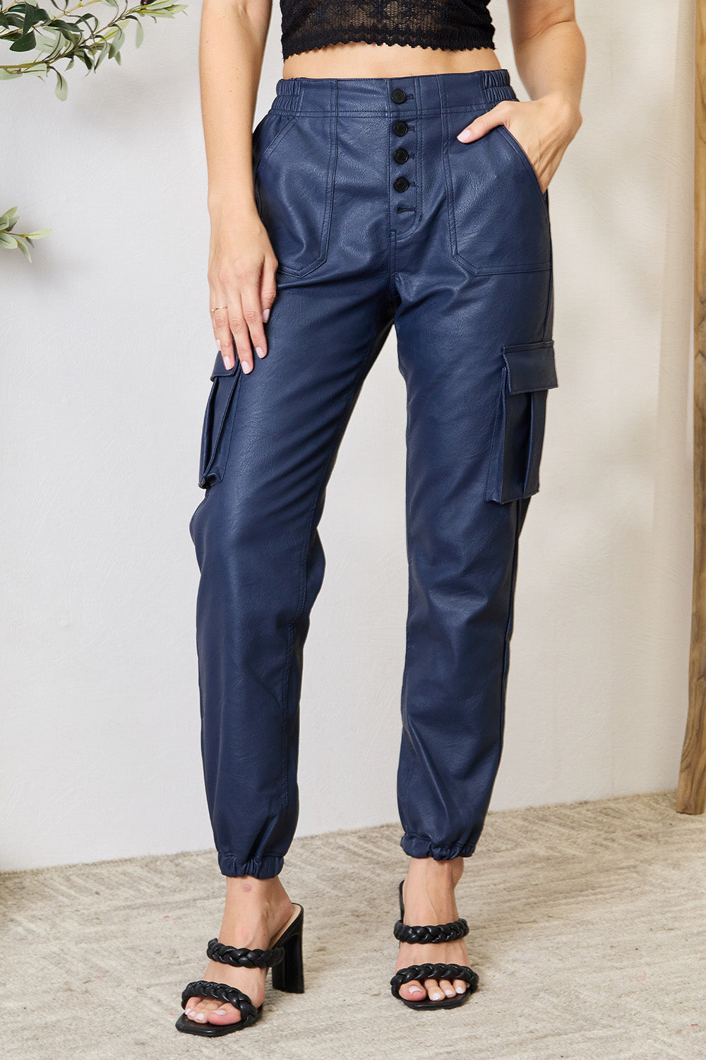 Kancan high waist faux leather cargo joggers - dark blue / s