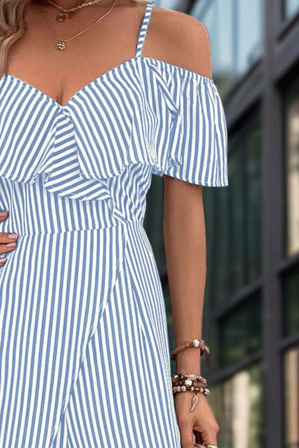 Ruffled striped short sleeve jumpsuit