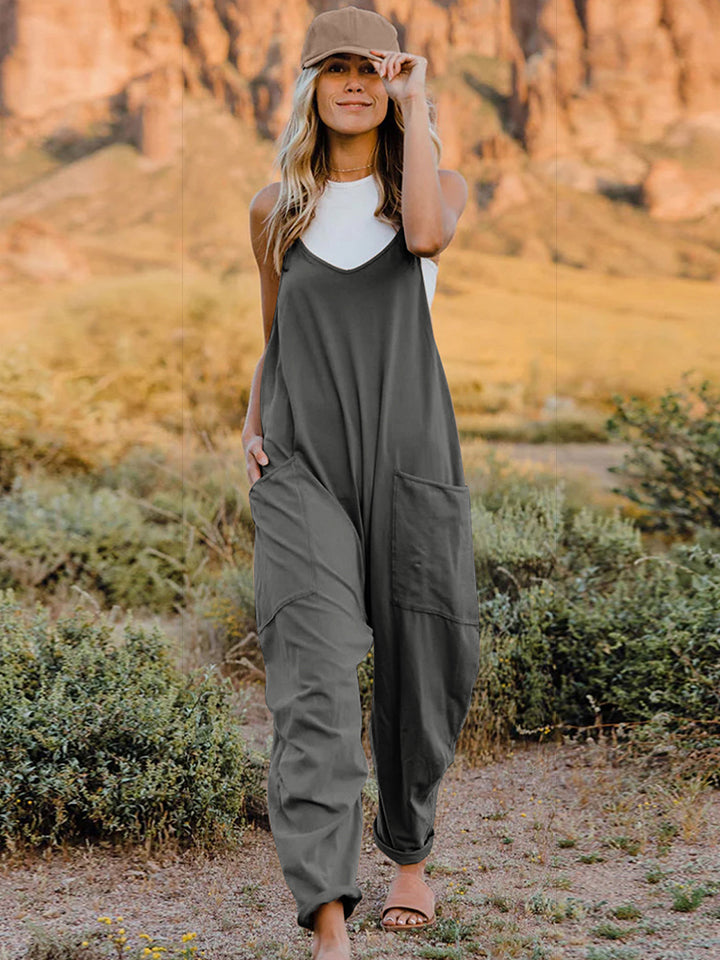 Double take full size sleeveless v-neck pocketed jumpsuit - dark gray / s