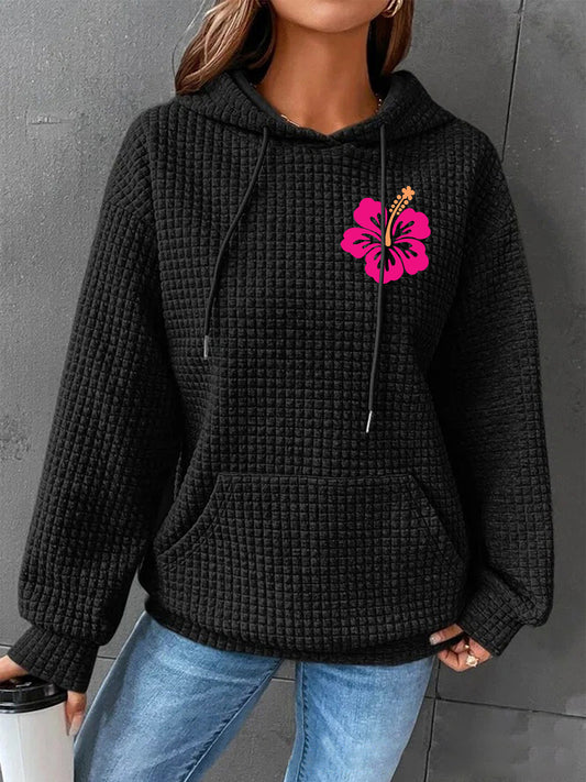 Full size flower graphic textured hoodie with pocket - black / s