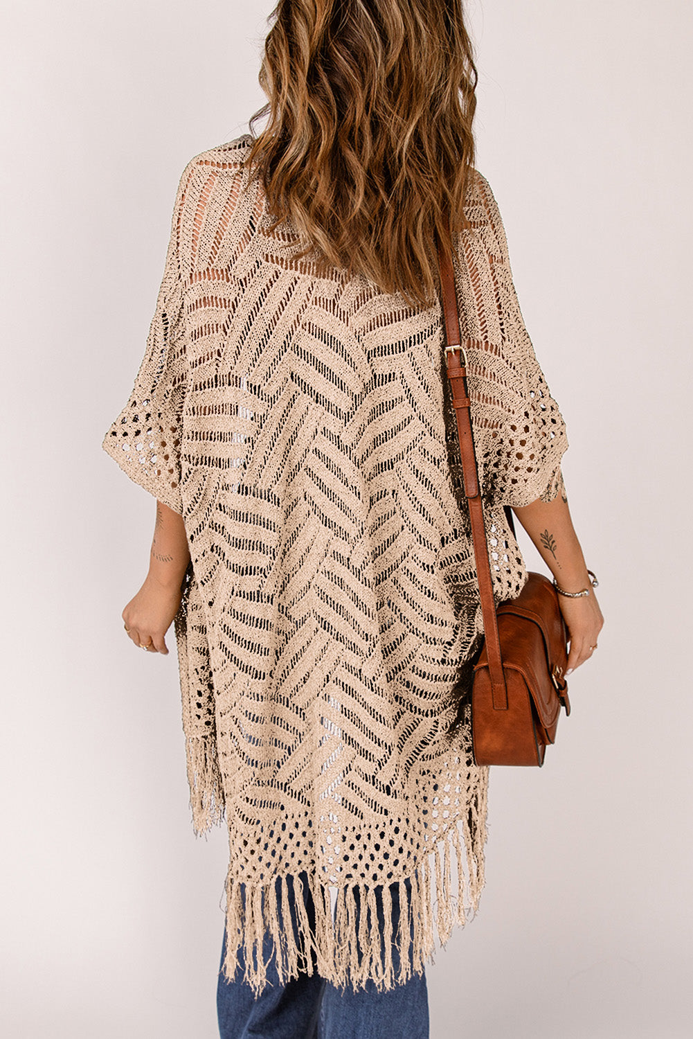 Openwork open front cardigan with fringes