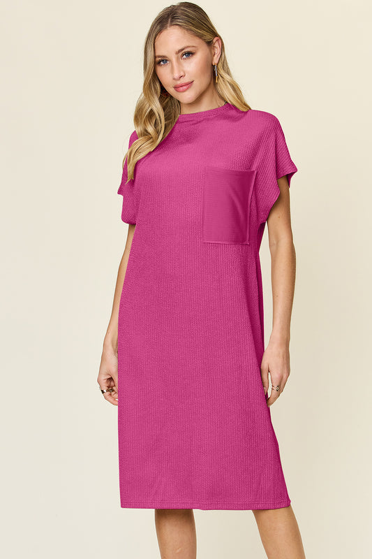 Double take full size texture mock neck short sleeve dress - hot pink / s