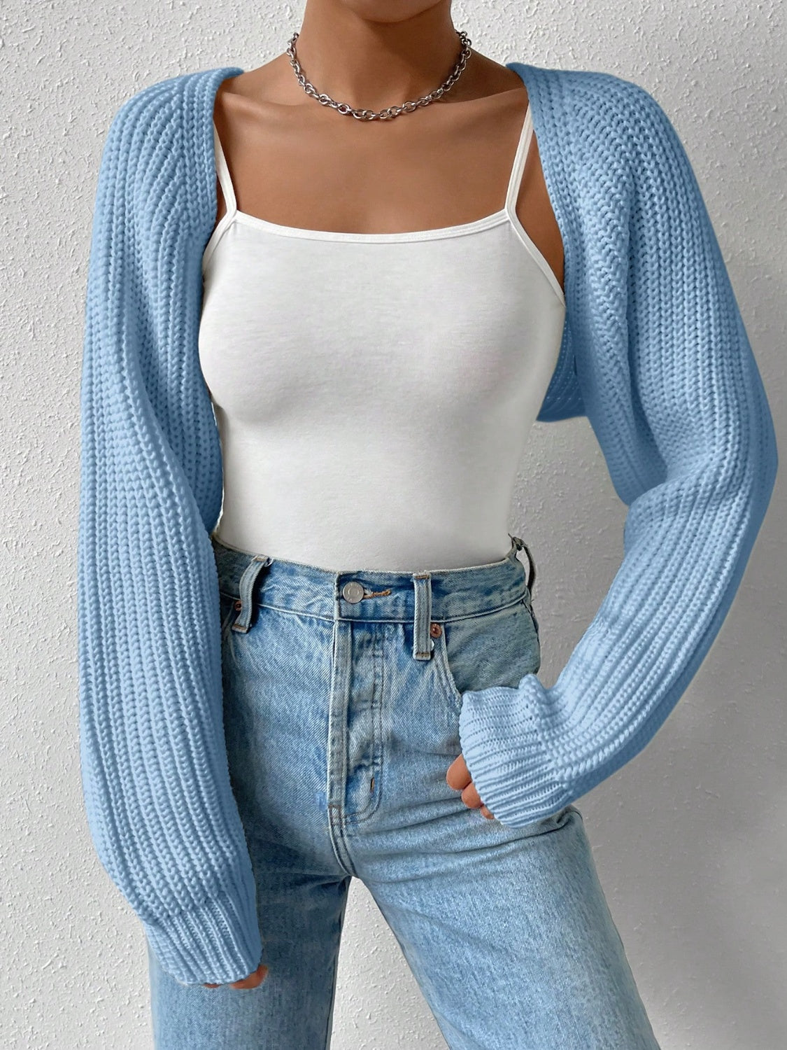 Honey open front long sleeve cropped cardigan - light blue / s