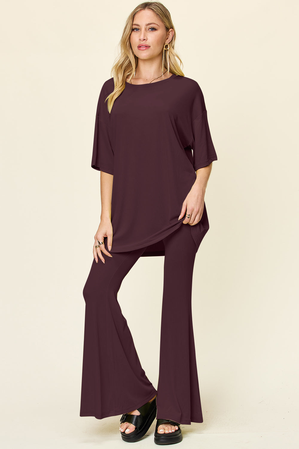 Double take full size round neck drop shoulder t-shirt and flare pants set - deep red / s