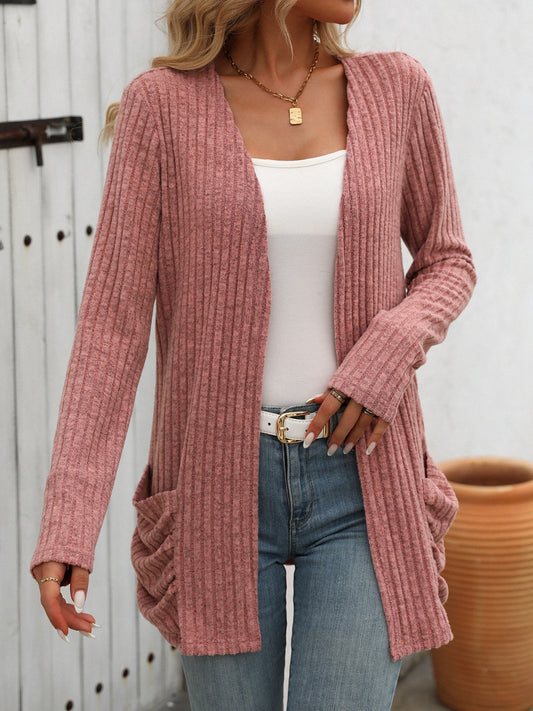 Mandy open front long sleeve ribbed cardigan - dusty pink / s