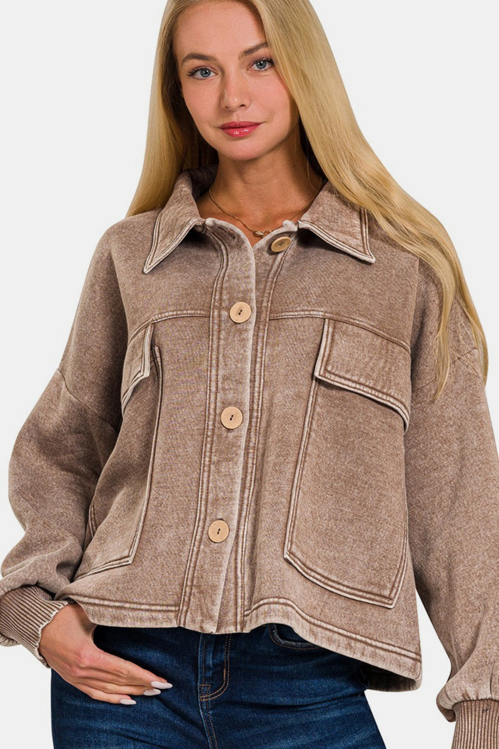 Zenana wash fleece front pocket button up shacket - mocha / s/m