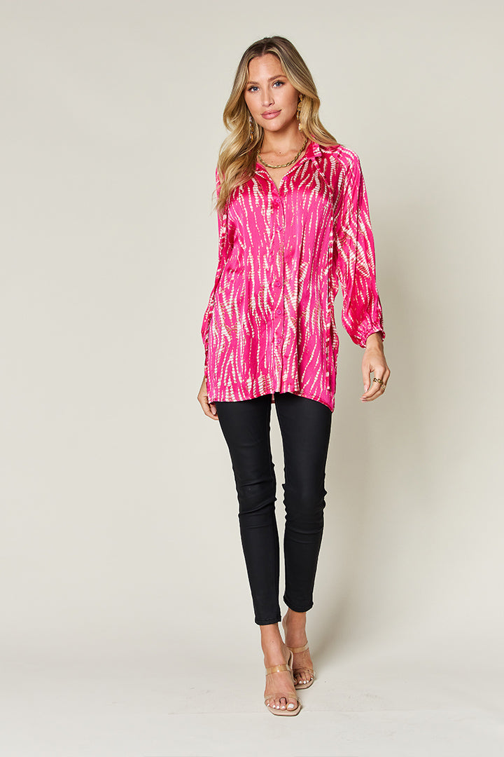 Double take full size printed button up long sleeve shirt