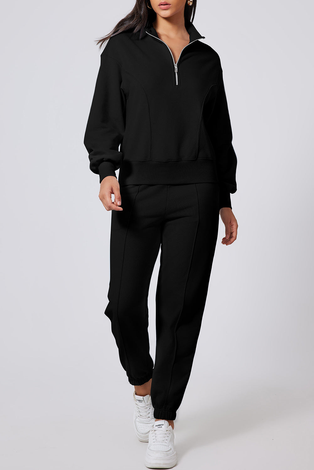 Half zip long sleeve top and joggers active set - black / s