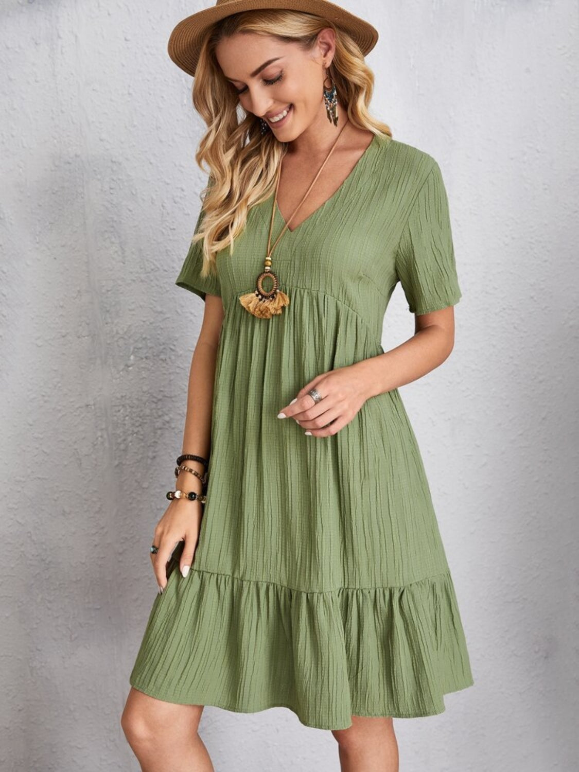 Full size v-neck short sleeve dress