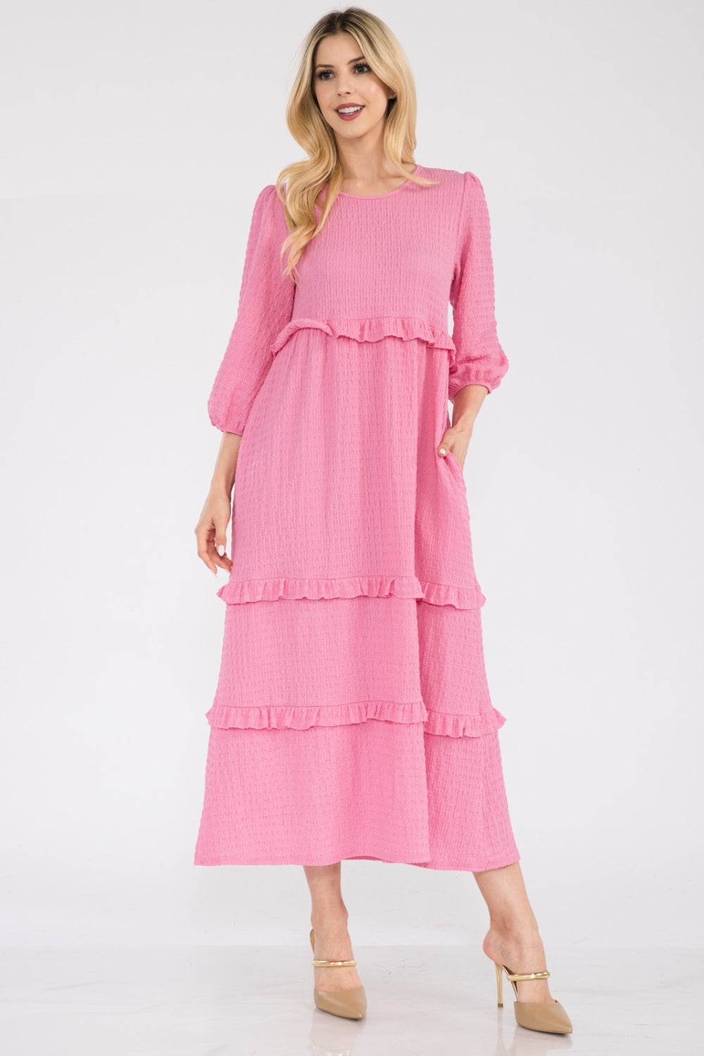 Celeste full size tiered-ruffle midi dress - pink / s