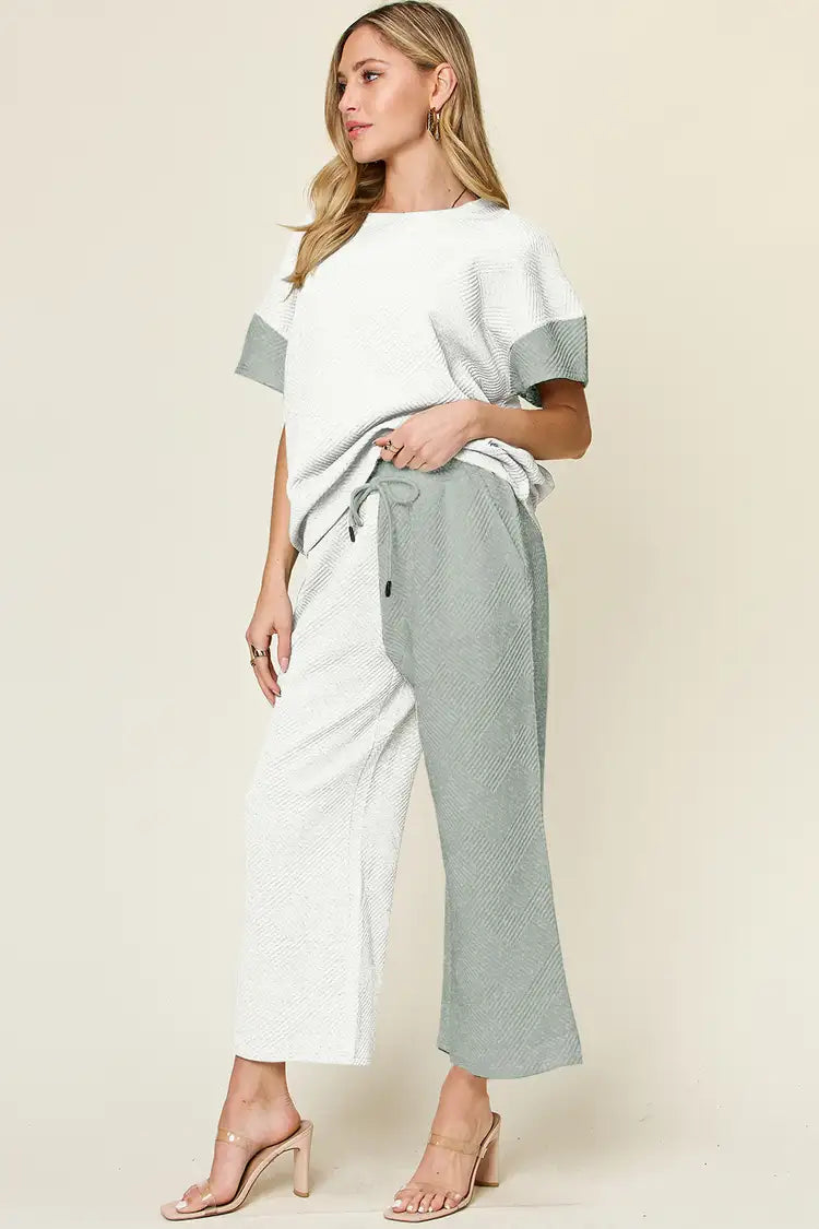 Double take full size texture contrast t-shirt and wide leg pants set