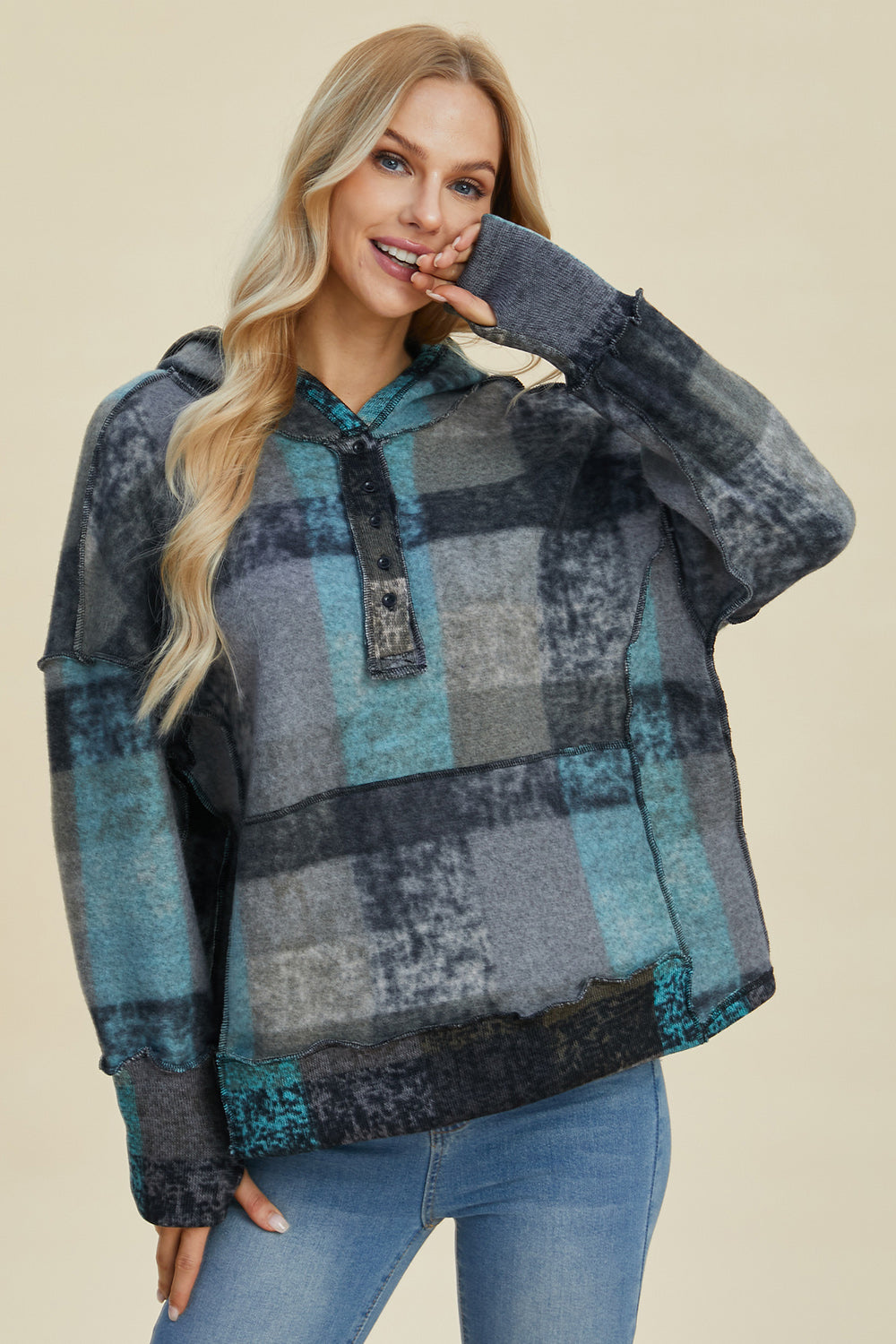 Double take full size plaid dropped shoulder hoodie