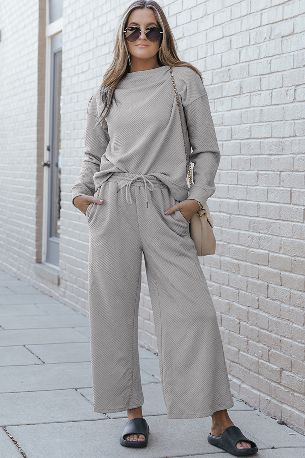 Double take full size textured long sleeve top and drawstring pants set - light gray / s