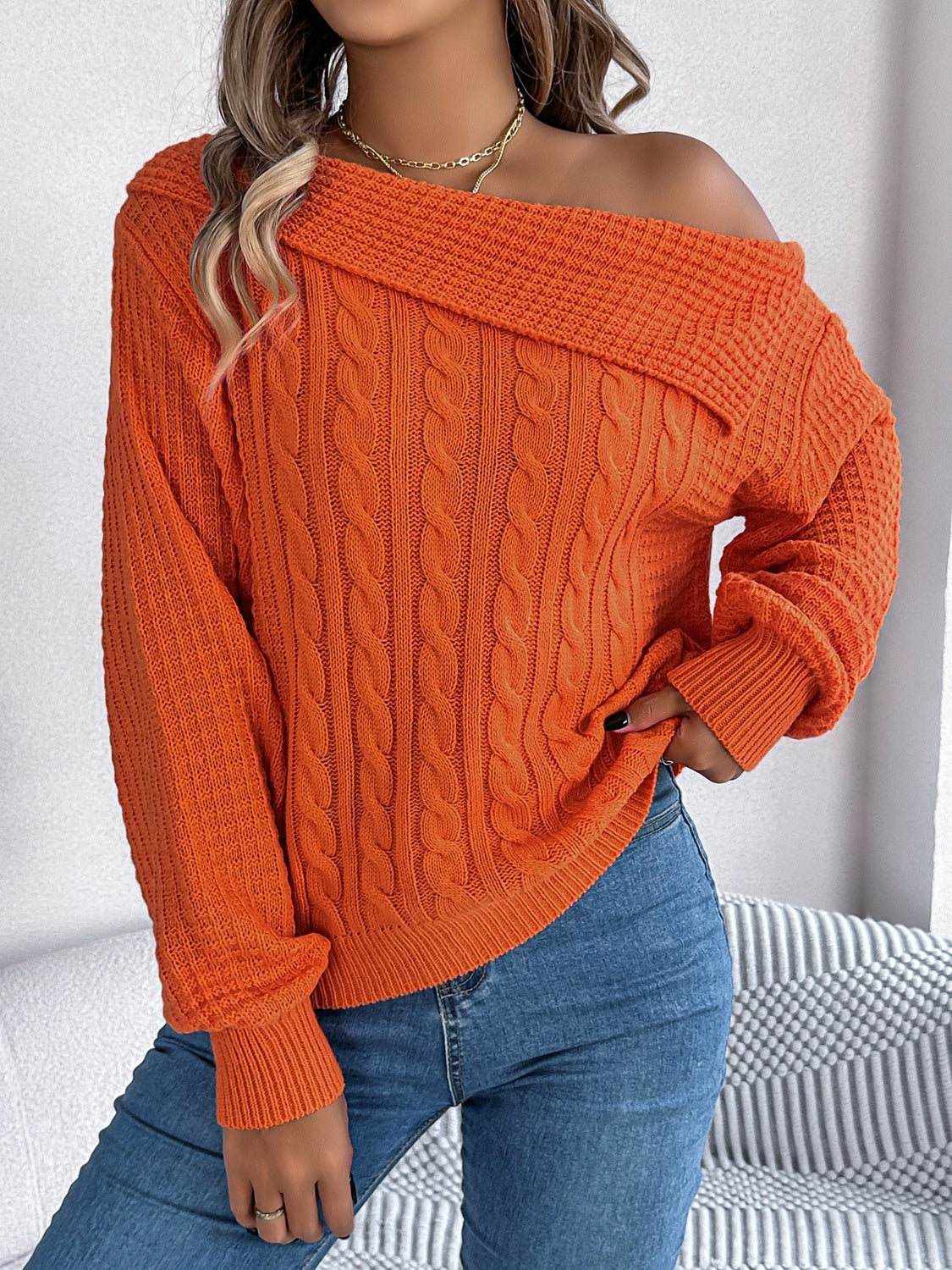 Cable-knit one shoulder long sleeve sweater - orange / s