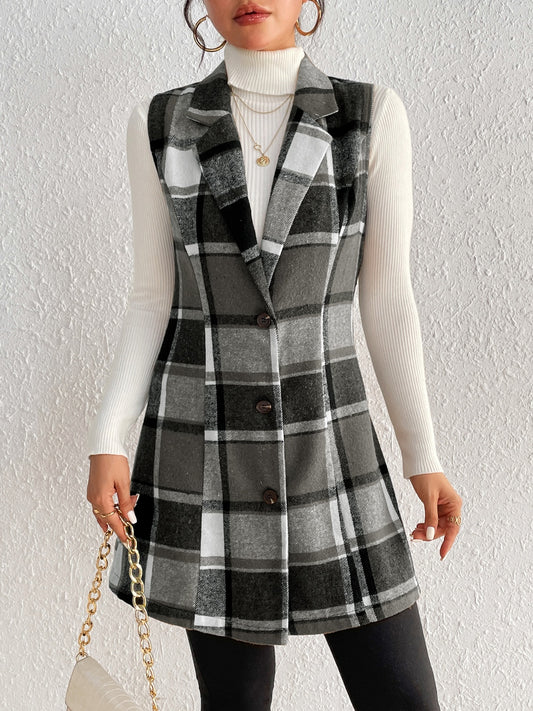 Honey plaid button up vest coat - black / s