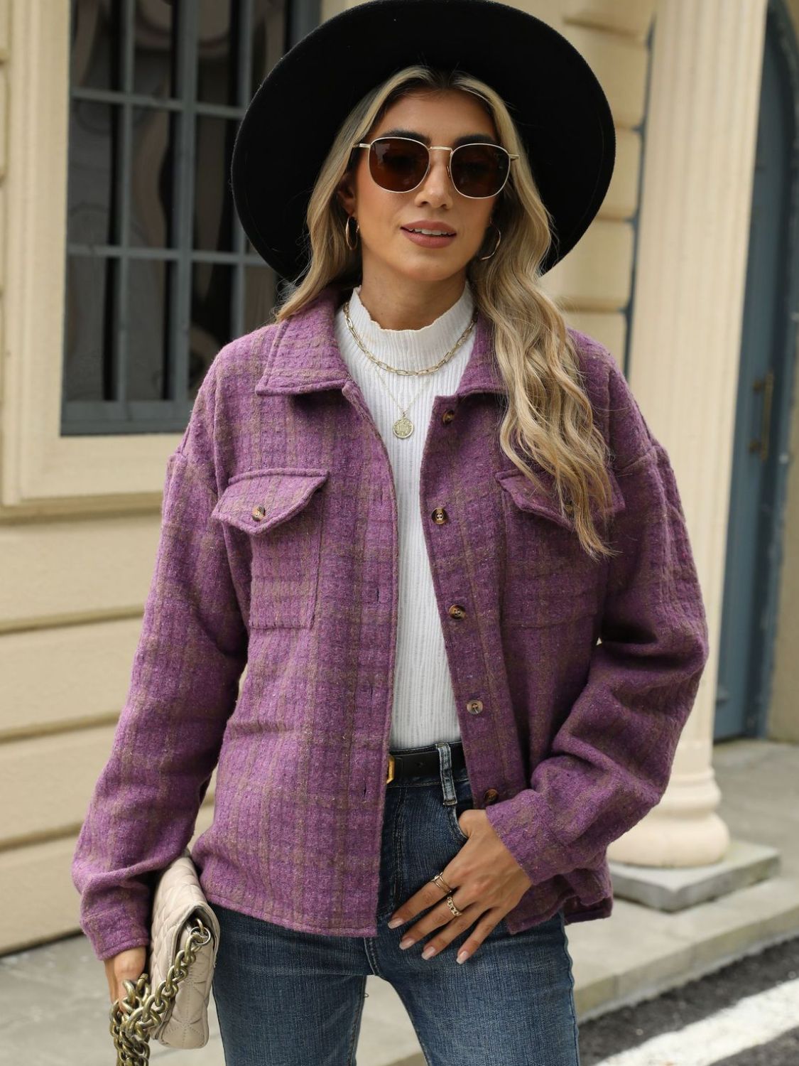 Plaid collared neck long sleeve jacket - mauve / s