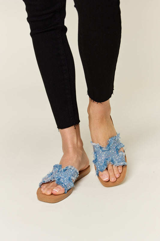 Forever link raw trim denim h-band flat sandals - blue denim / 6