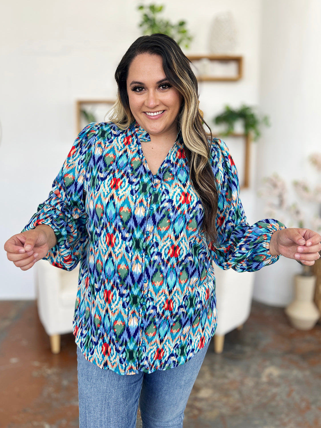 Double take full size printed balloon sleeve blouse