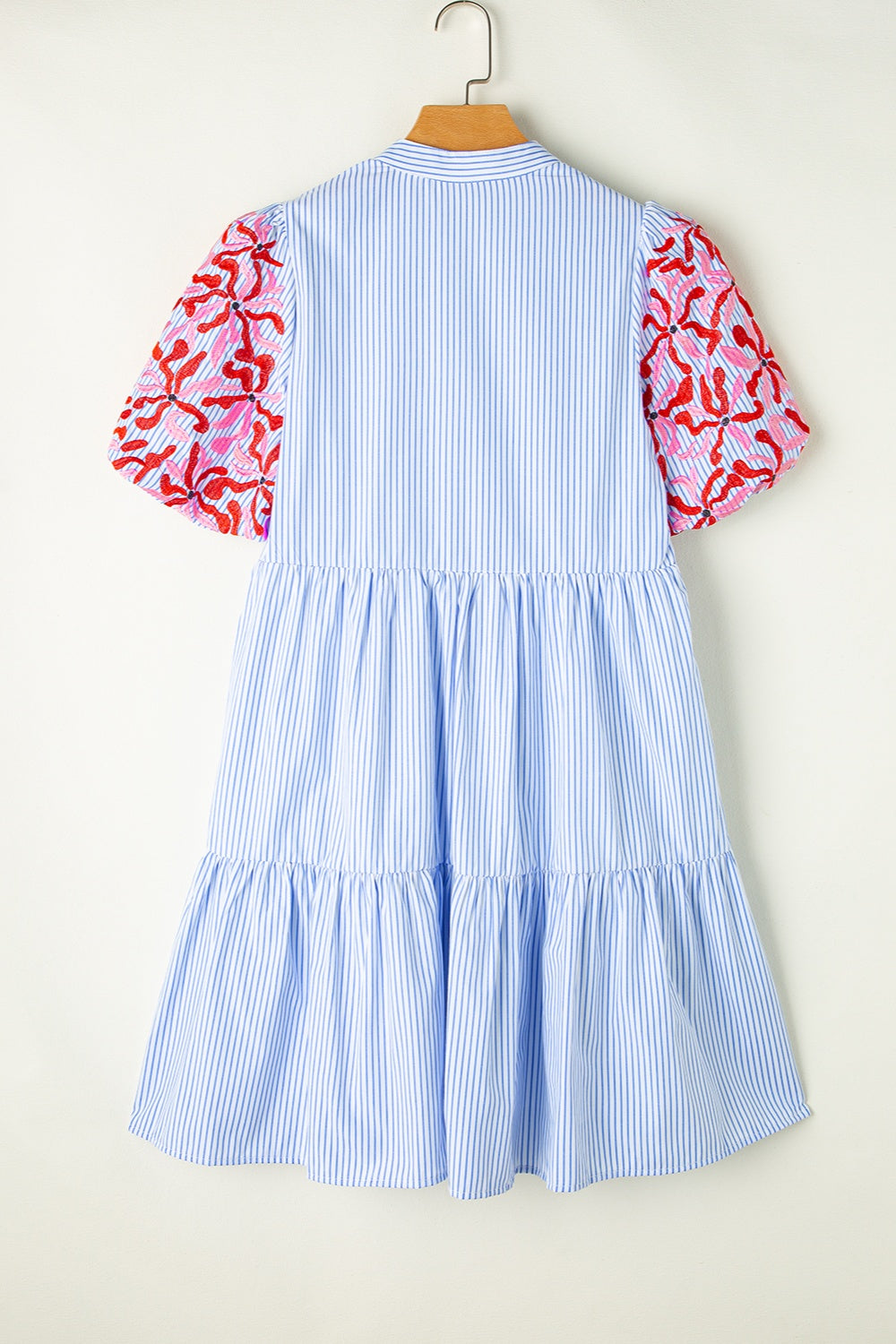 Embroidered striped notched short sleeve dress