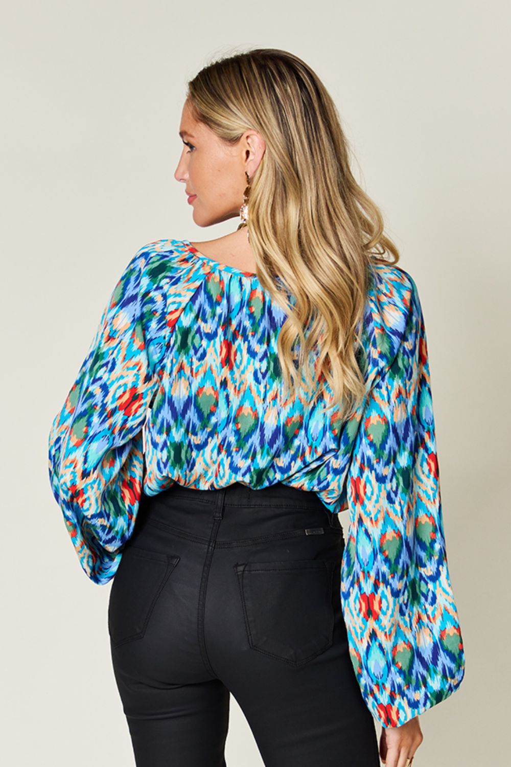 Double take full size printed balloon sleeve blouse