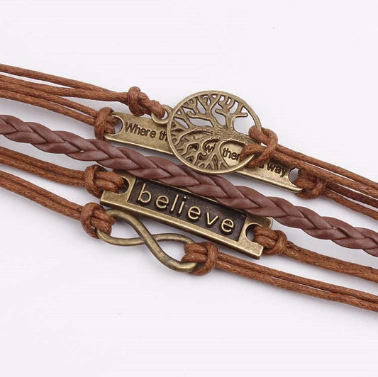 Alloy pu leather rope bracelet - brown / one size