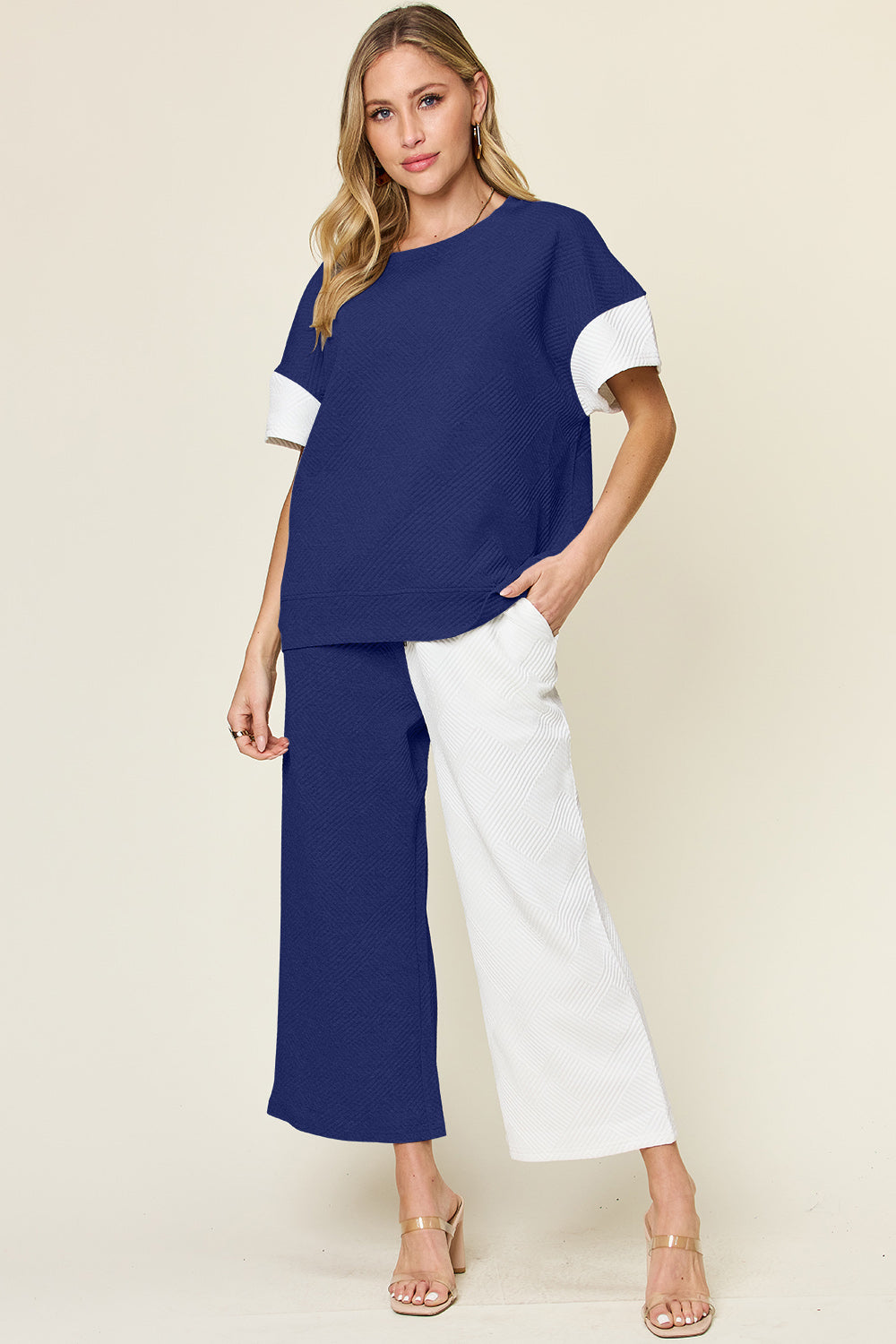 Double take full size texture contrast t-shirt and wide leg pants set - royal blue / s