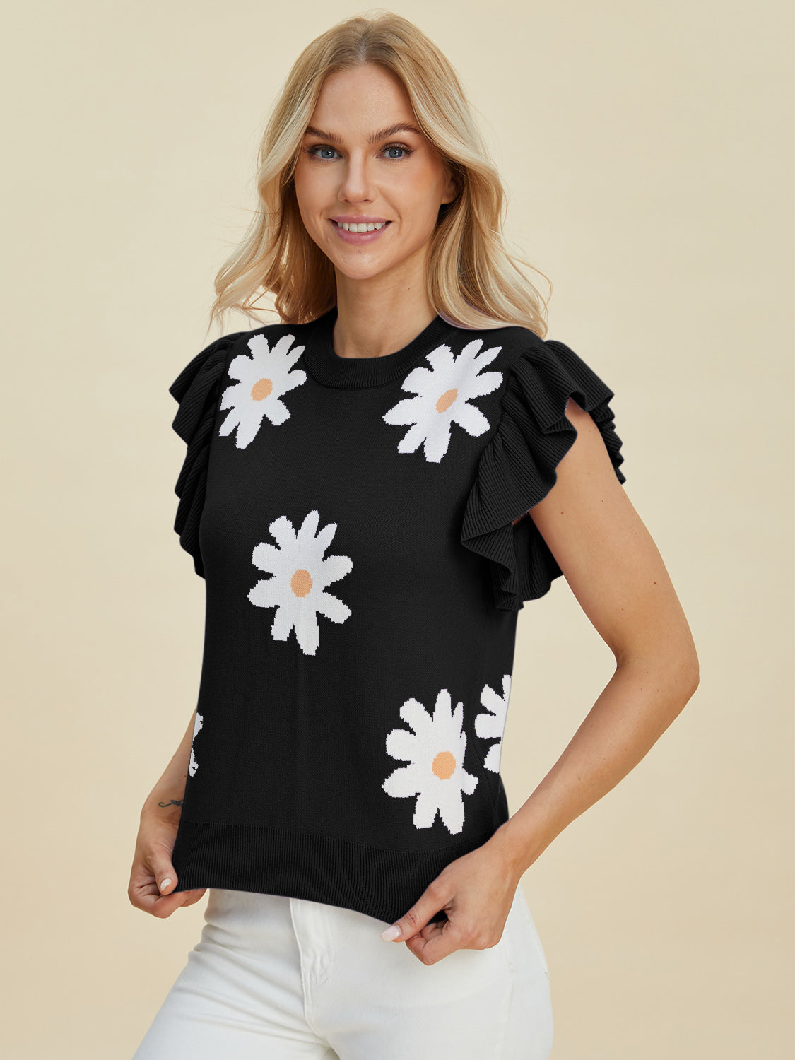 Double take full size ruffled flower round neck cap sleeve sweater